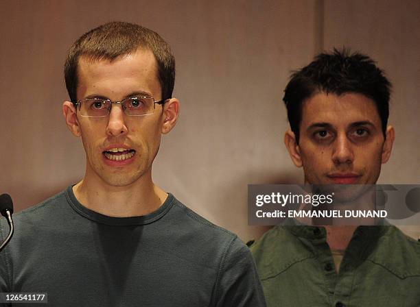 Shane Bauer and Josh Fattal, two US hikers held by Iran for more than two years on spying charges, give a press conference after arriving back in the...