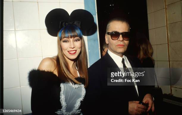 Victoire de Castellane and Karl Lagerfeld attend the Victoire de Castellane Birthday Party at Les Bains during Paris Fashion Week in the 1990s in...