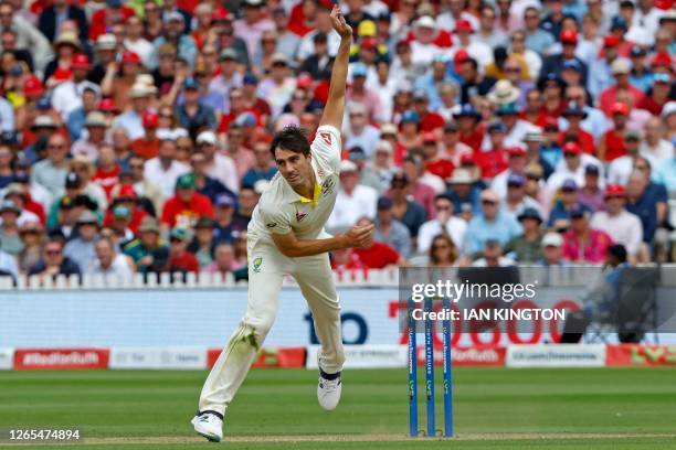 Australia's Pat Cummins bowls on day two of the second Ashes cricket Test match between England and Australia at Lord's cricket ground in London on...