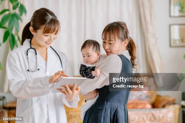 自宅のリビングルームで若いお母さんと彼女の幼児の娘を訪問する小児科医 - 訪問 ストックフォトと画像