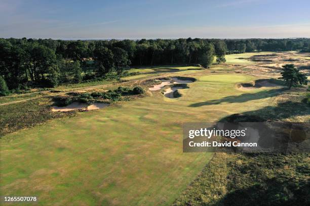 An aertial view of the approach to the green on the par 5 sixth hole at Woodhall Spa Golf Course on August 04, 2020 in Woodhall Spa, England.