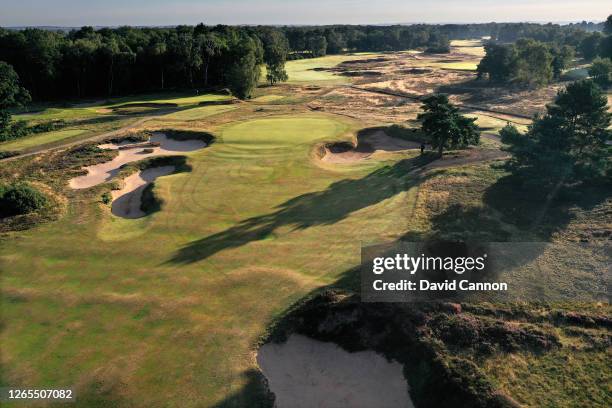 An aertial view of the approach to the green on the par 5 sixth hole at Woodhall Spa Golf Course on August 04, 2020 in Woodhall Spa, England.