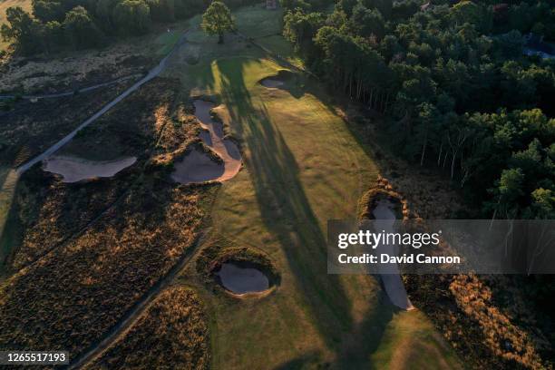 An aerial view of the approach to the green on the par 4, third hole on the Hotchkin Course at Woodhall Spa Golf Club on August 04, 2020 in Woodhall...