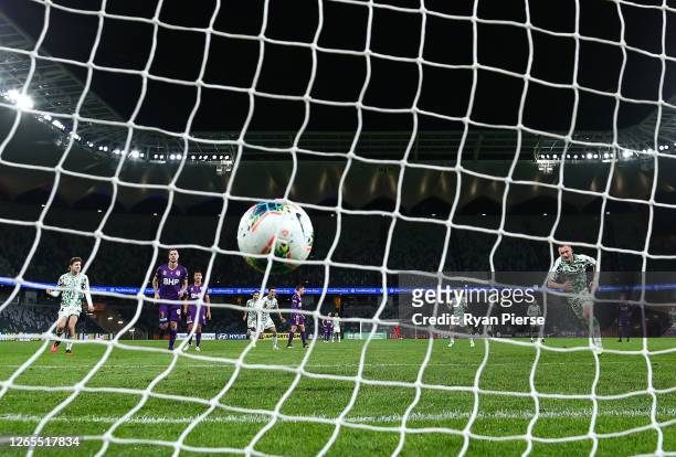 Besart Berisha of Western United scores his teams second goal during the round 24 A-League match between the Perth Glory and Western United at...