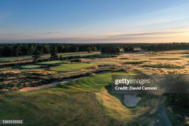 An aerial view of the green on the par 4, second hole with the green on the par 4, fourth hole behind on the Hotchkin Course at Woodhall Spa Golf...