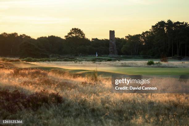 View of the green on the par 4, second hole at first light on the Hotchkin Course at Woodhall Spa Golf Club on August 04, 2020 in Woodhall Spa,...