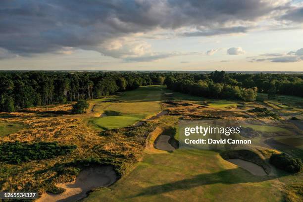 An aerial view of the approach to the green on the par 4, fourth hole with the par 4, second hole and the par 3, fifth hole on The Hotchkin Course at...