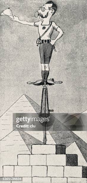 ilustraciones, imágenes clip art, dibujos animados e iconos de stock de penny farthing ciclista presentándose en las pirámides de egipto - gimnasia artistica