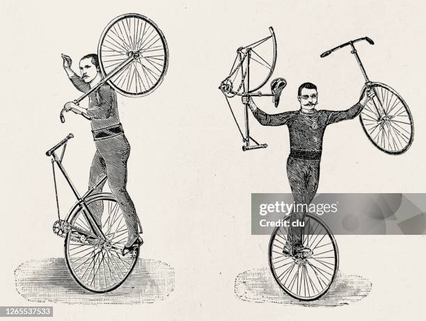 artistic cyclist gustav marschnerf, 2 performances - vintage bicycle stock illustrations