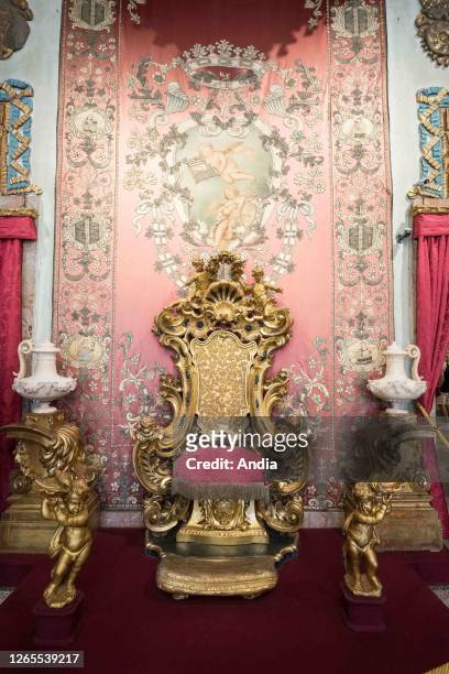 Italy, Lombardy, Lake Maggiore: interior of the Throne's room in the Borromeo Palace on Isola Bella, one of the Borromean Islands.