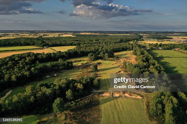 An aerial view of the par 5, ninth hole on The Hotchkin Course at Woodhall Spa Golf Club on August 03, 2020 in Woodhall Spa, England.