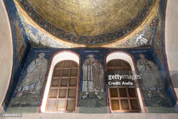 Basilica of Sant'Ambrogio, Basilica of St Ambrose. Mosaics representing the three saints, Ambrose, Gervasius and Protasius .
