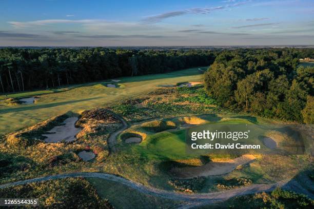 An aerial view of the green on the par 3, fifth hole on the Hotchkin Course at Woodhall Spa Golf Club on August 04, 2020 in Woodhall Spa, England.