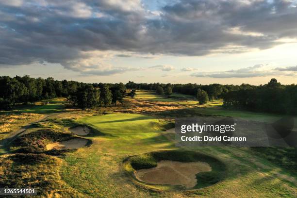 An aerial view of the par 3, eighth hole on The Hotchkin Course at Woodhall Spa Golf Club on August 03, 2020 in Woodhall Spa, England.