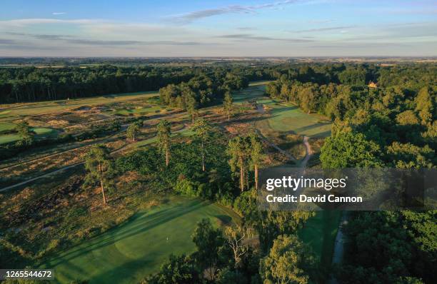 An aerial view of the approach to the green on the par 4, 16th hole with the par 4, 17th hole to the right side of the image on the Hotchkin Course...