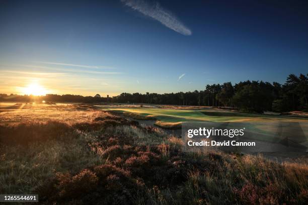 View of the green on the par 4, second hole at first light on the Hotchkin Course at Woodhall Spa Golf Club on August 04, 2020 in Woodhall Spa,...