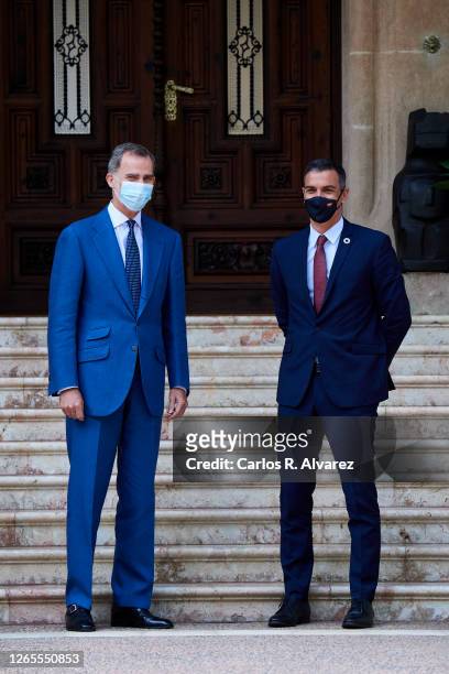King Felipe VI of Spain receives Prime minister Pedro Sanchez at the Marivent Palace on August 12, 2020 in Palma de Mallorca, Spain.