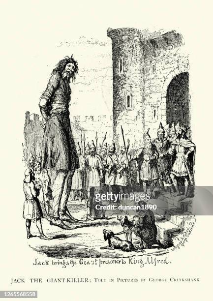 jack brings the giant prisoner to king alfred - beanstalk stock illustrations