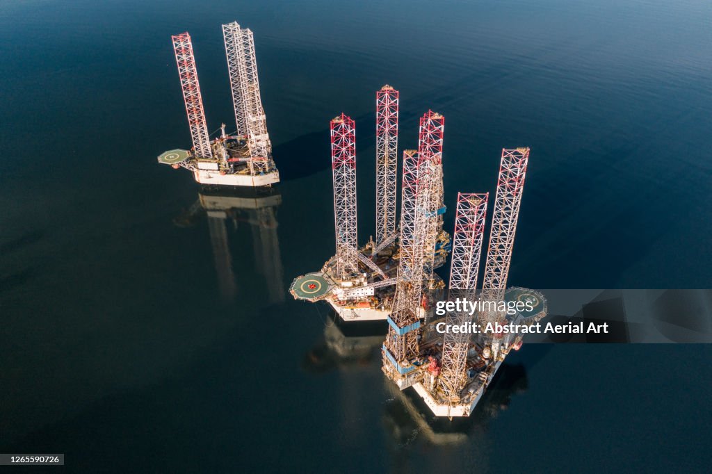Three oil rigs photographed by drone, Cromarty Firth, Scotland, United Kingdom