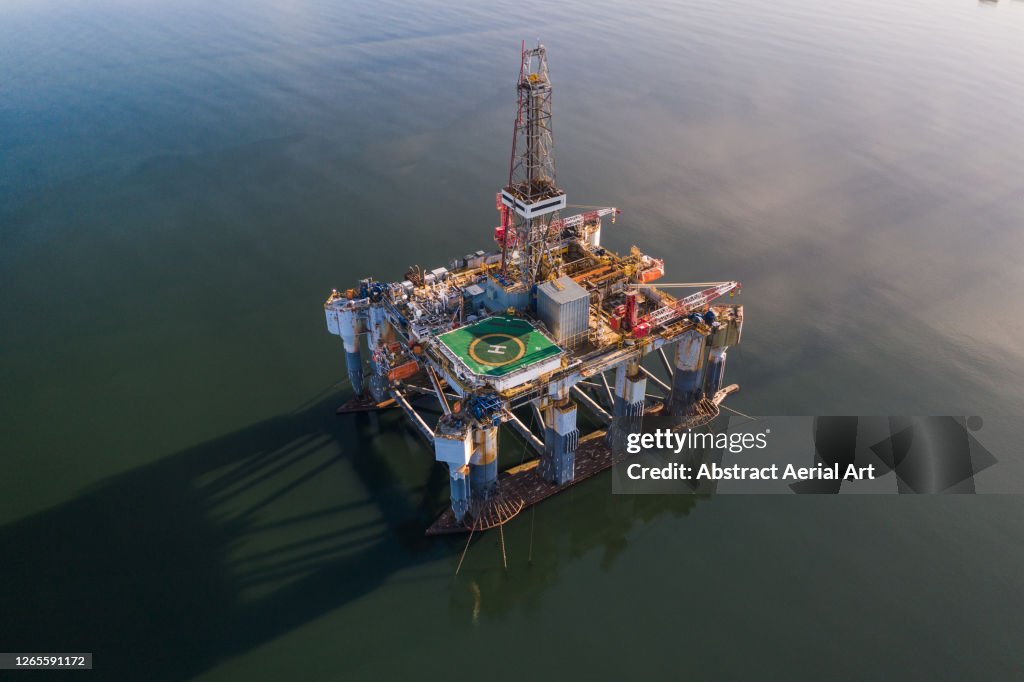 An offshore drilling platform seen from above, Cromarty Firth, Scotland, United Kingdom