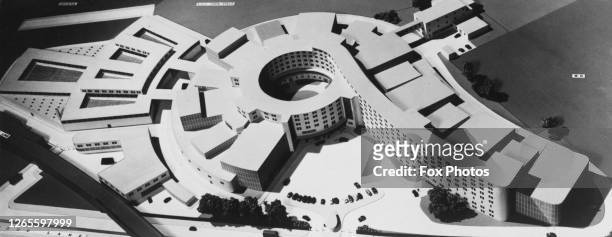 Architect's model of the proposed BBC Television Centre building, designed by architect Graham Dawbarn, and to be built on the White City exhibition...