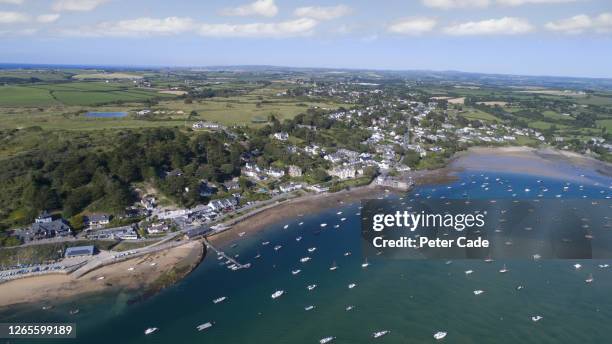 aerial view of cornish coastal village - polzeath bildbanksfoton och bilder