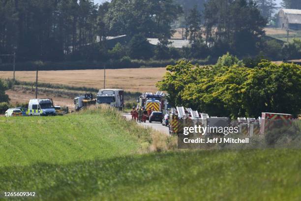 Emergency services attend the scene of a train derailment on August 12, 2020 in Stonehaven, Scotland. Police Scotland said: "A report was received of...