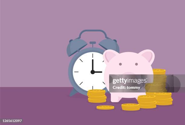 stockillustraties, clipart, cartoons en iconen met piggy bank, clock, and a stack of coin - pensioen thema