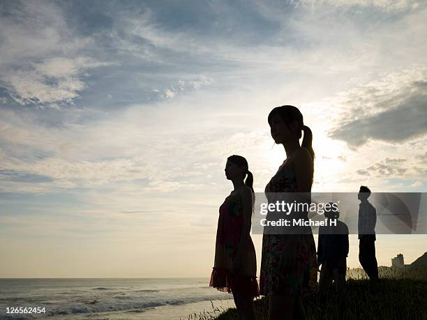 the silhouette of the friends who look at the sea - group h imagens e fotografias de stock