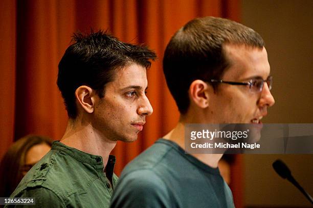 Josh Fattal and Shane Bauer , two American hikers released after spending more than two years imprisoned in Iran, held a press conference at the...