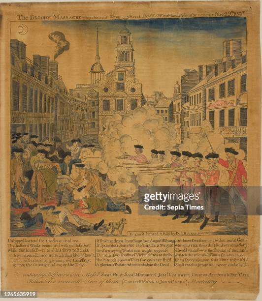 The Boston Massacre. 1770. Paul Revere. II. American. 1735-1818. United States. Wood engraving. With hand coloring. On tan laid paper. 202 x 219 mm ....
