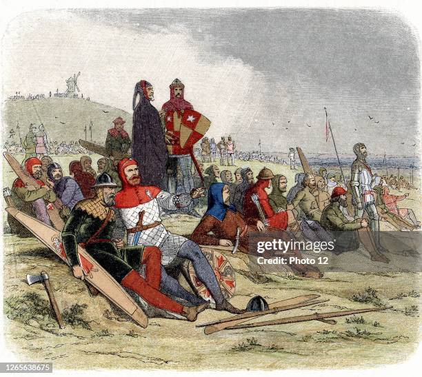 Hundred Years War between England and France. English troops waiting to go into action at the Battle of Crecy, August 1346. Colour-printed wood...