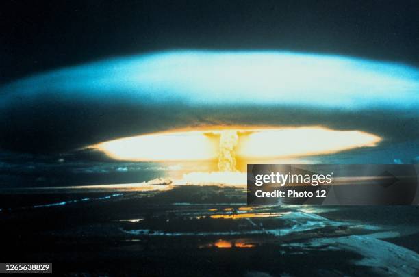 Megaton thermonuclear explosion, Bikini Atoll, l March 1954. Unexpected spread of fallout led to awareness of, and research into, radioactive...