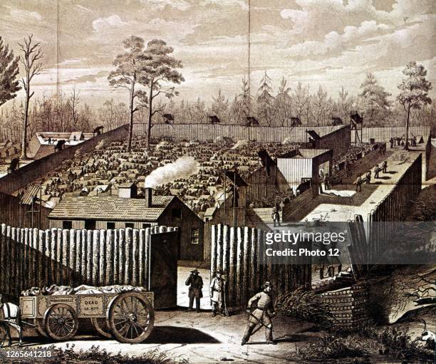 Prison stockade at Andersonville, Georgia. During summer of 1864 32,899 Union prisoners were confined here. In the National Cemetery at Andersonville...