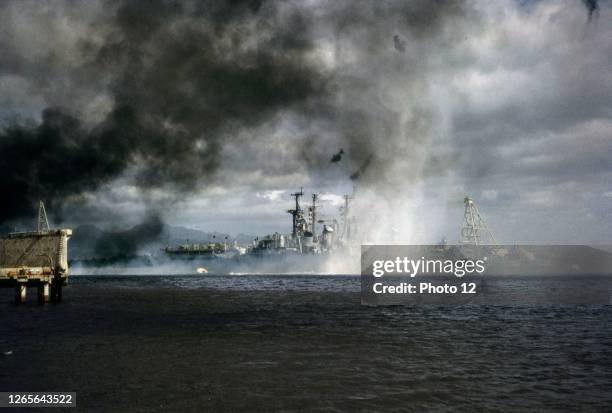 Imperial Japanese Navy airplanes attacking the US Navy deep-water naval base on Pearl Harbour on December 7, 1941.