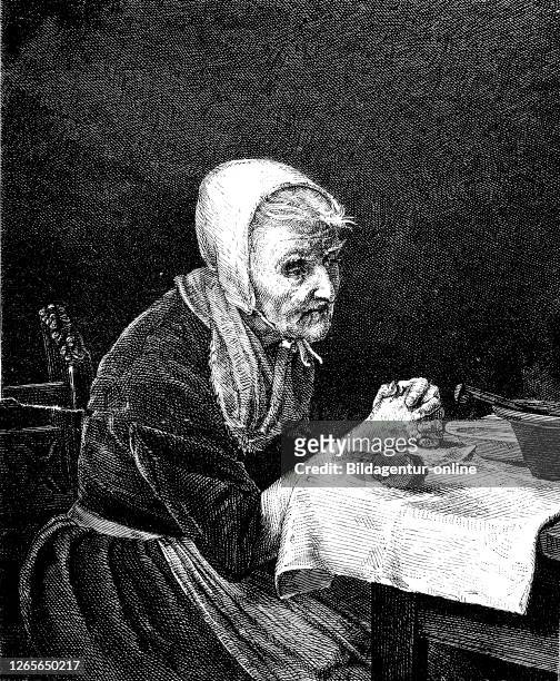The frugal, old woman with a spare time at the table prayer / Genügsame, alte Frau mit einem kargen Mahl beim Tischgebet.