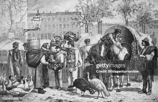 Slavic and hungarian people at the Naschmarkt in Vienna, Austria / Slawen und Ungarn auf dem Naschmarkt in Wien, Österreich, Historisch, digital...