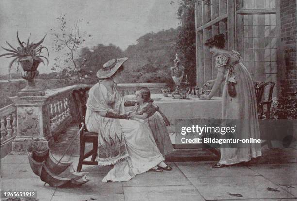 On the terrace, two women and a little girl, cover the coffee table, original print from the year 1899, auf der Terrasse, zwei Frauen mit einem...