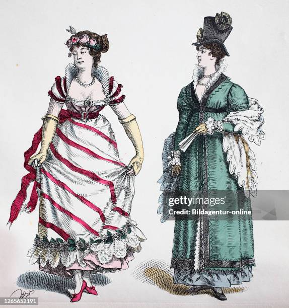 National costume, clothes, history of the costumes, lady in the ball dress and lady in the top hat at the imperial time, in 1810, Volkstracht,...