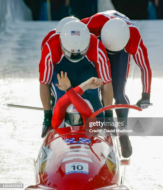 The USA-1 bobsled team of Todd Hays , Randy Jones, Bill Schuffenhauer, and Garrett Hines compete in the 4-Man Bobsleigh event of the 2002 Winter...