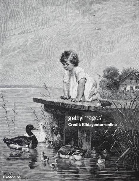Little girl kneels on a pier at the lake and watches a duck family, / kleines Mädchen kniet auf einem Pier am See und beobachtet eine Entenfamilie,...