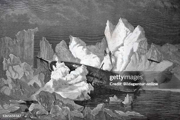 German North Polar Expedition, Shipwreck of the ship La Hansa between icebergs and ice floes during an arctic expedition, pack ice / Zweite Deutsche...