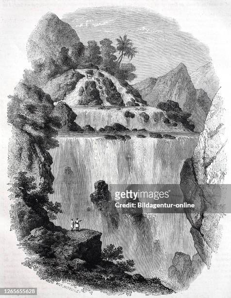 Digital improved reproduction, The waterfall of Kambagaga in the Senegambia region between Senegal and Gambia, original woodprint from th 19th...