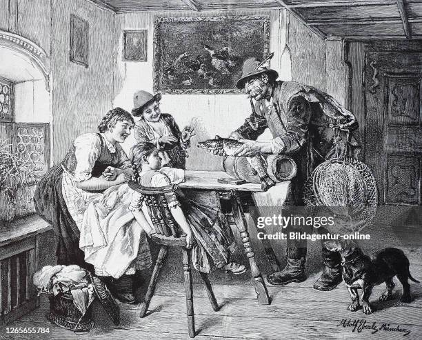 Digital improved reproduction, The father of a family has caught a pike and presents him proudly to his family, family idyl in the sitting room with...