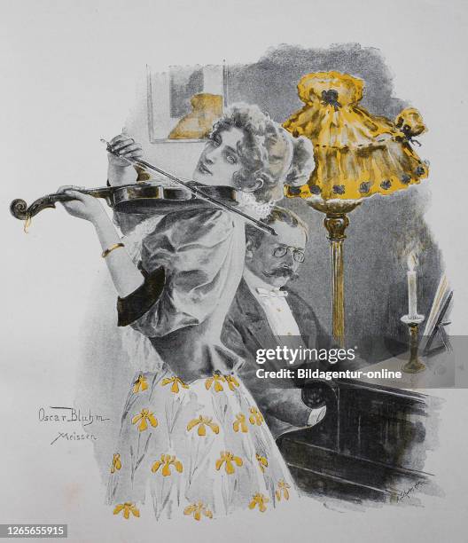 Duett, music, woman plays violin, man plays piano, original print from the year 1899, Musik, spielt Frau Geige, Mann spielt Klavier, Reproduktion...