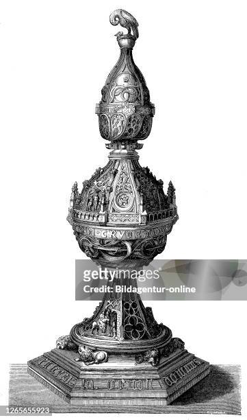 Digital improved reproduction, Spanish reliquary made of carved wood from the 15th century, original woodprint from th 19th century.