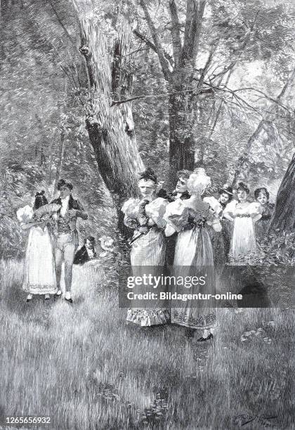 Digital improved reproduction, In the Green, the fine society with the Sunday afternoon excursion to the park, a group plays blind cow, Im Grünen,...