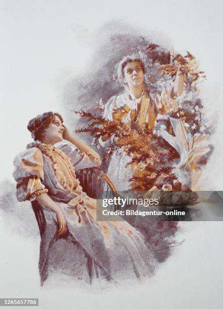 Christmas at home, two women near the Christmas tree, original print from the year 1899, Weihnachten zuhause, zwei Frauen in der Nähe vom...