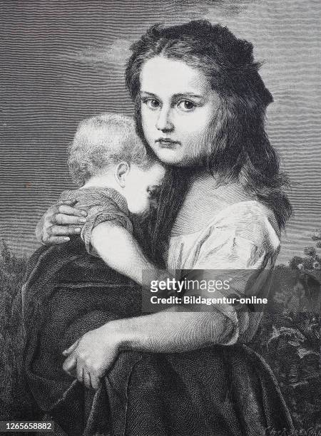 A child holding his sister baby / ein kind hält seine schwester, baby, Historisch, digital improved reproduction of an original from the 19th century...