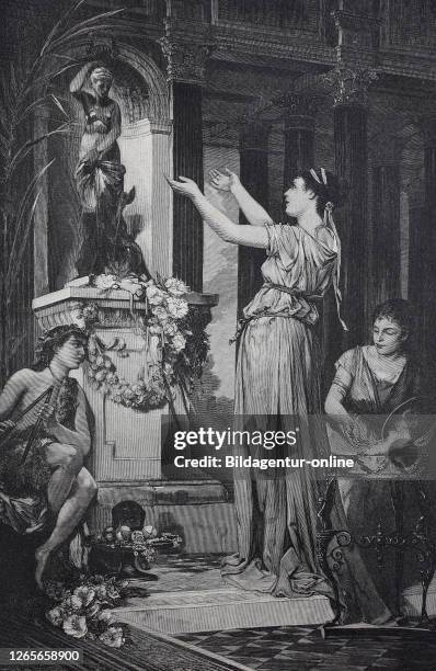 Bride sacrifices flowers to a goddess in ancient Rome, Italy / Eine Braut opfert Blumen einer Göttin im alten Rom, Italien, Historisch, digital...